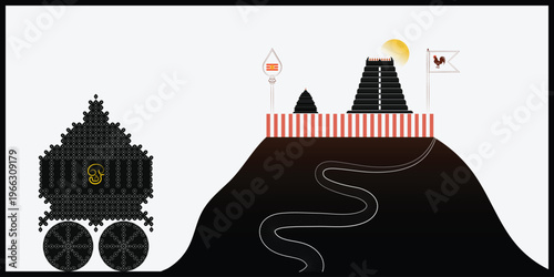 Vector Illustration of Lord Murugan temple and chariot silhouette design on white background. 
