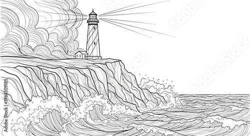Black and white illustration of a lighthouse on a cliff overlooking the ocean
