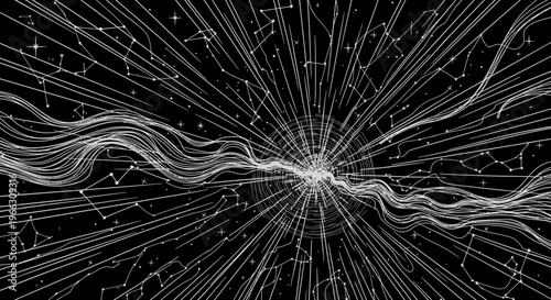 Abstract illustration of constellations and energy lines on a black background
