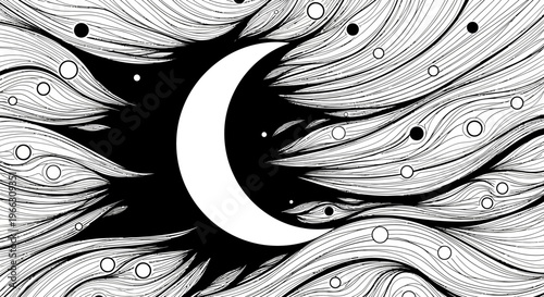 Abstract crescent moon illustration with flowing lines and stellar elements