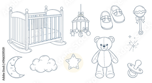 Charming Nursery Essentials Line Art Collection for Newborn Baby Products Design