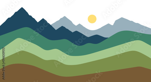 Mountain Range Landscape with Sun.