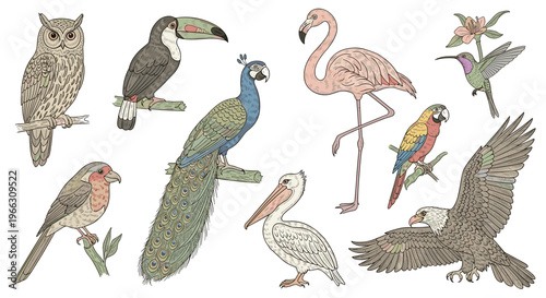 Diverse Collection of Hand-Drawn Wild Birds Featuring Various Species and Poses