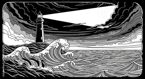 Dramatic lighthouse illuminates stormy sea in black and white illustration