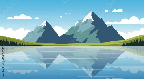 Mountain range reflected in lake.