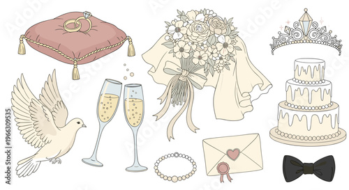 Elegant collection of hand-drawn wedding celebration elements on white background