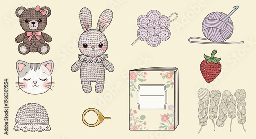 Charming collection of handcrafted items including toys yarn and accessories