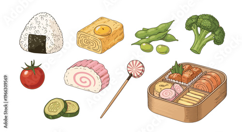 Vibrant Japanese Bento Ingredients and Lunchbox Illustration on White Background