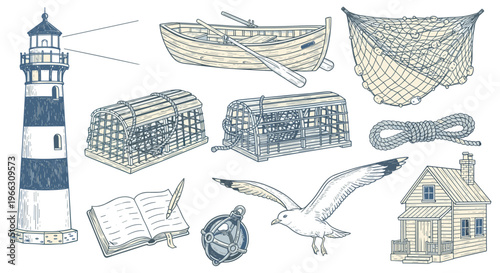 Nautical illustration collection: lighthouse boat net house rope bird traps book compass