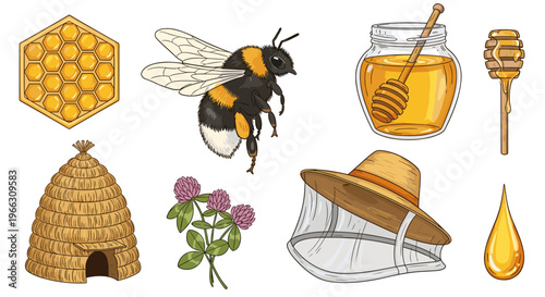 Natural Beekeeping Elements Collection: Honeycomb Bee Hive and Pollen Illustration