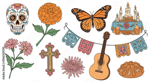 Vibrant Mexican-Inspired Festival Elements Illustration on White Background