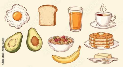 Breakfast Food Collection: Pancakes Coffee Juice Egg Avocado Cereals Banana