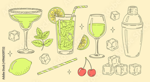 Refreshment essentials: cocktails elements Sketch illustration of beverage ingredients
