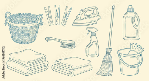 Essential Home Cleaning and Laundry Tools Illustrated Collection on Cream Background