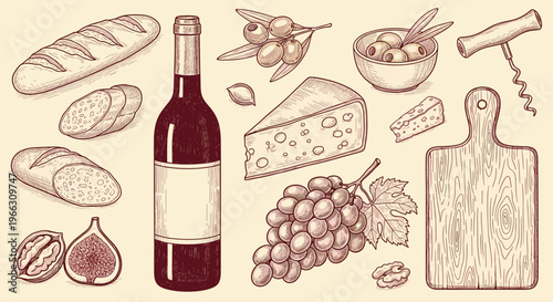 Delectable Collection of Rustic Wine and Cheese Appetizers Illustration