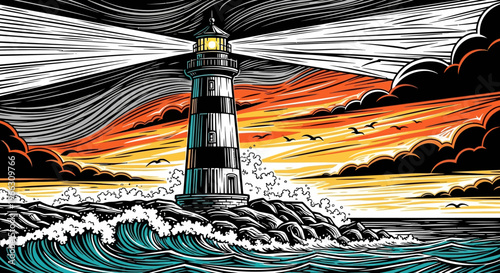 Dramatic lighthouse illustration against an orange sunset sky with ocean waves