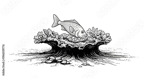 Monochrome illustration of a fish leaping out of water against a white backdrop