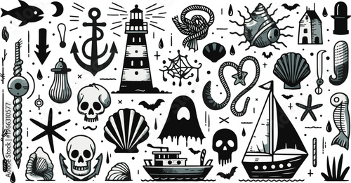 Creepy Nautical Ocean Doodle, Illustration Cartoon