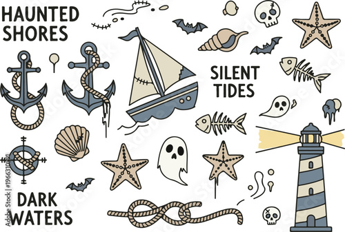 Creepy Nautical Ocean Doodle, Illustration Cartoon