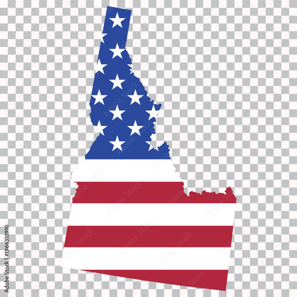 Fototapeta premium Outline map of Idaho filled with the United States flag pattern. State silhouette isolated on transparent background for geography and educational use.