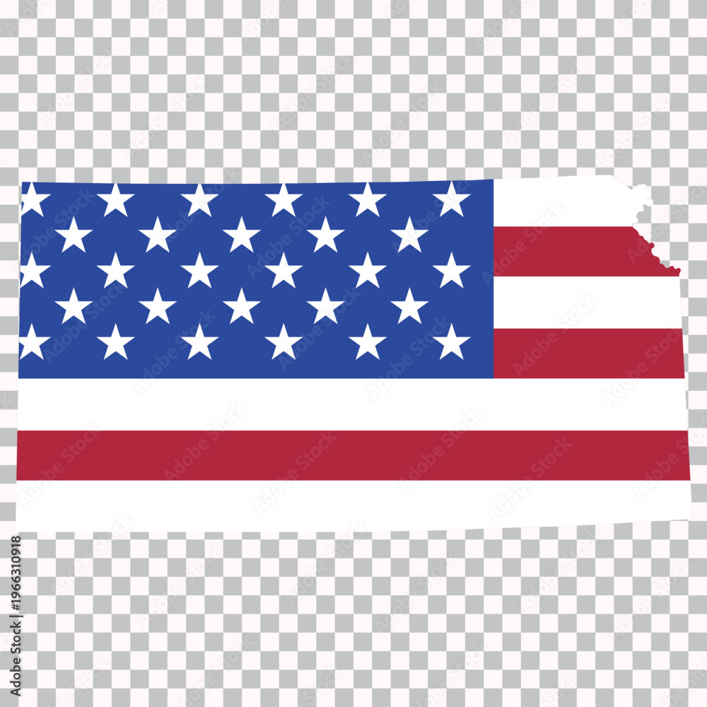 Fototapeta premium Outline map of Kansas filled with the United States flag design, isolated on transparent background for geography and educational use.