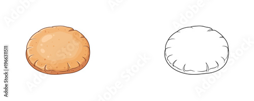 Fresh pita bread cartoon illustrations in light brown colored and black line styles for middle eastern cuisine, bakery shop, cooking or food menu design isolated on white background