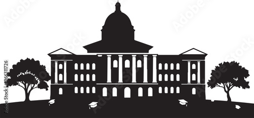 Silhouette of a large building with dome and columns and trees  graduation caps