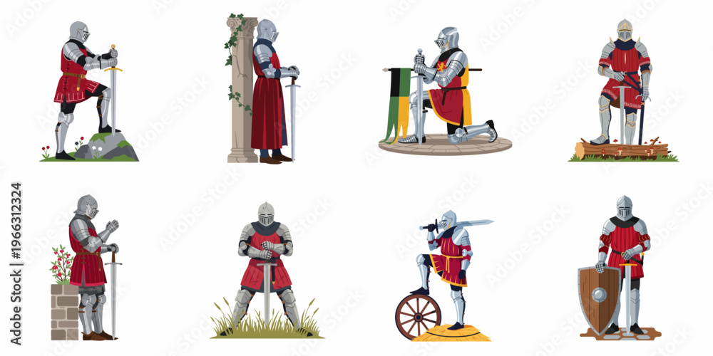 Fototapeta premium Set of eight medieval knight characters in full plate armor with swords and shields in various poses, isolated on white background.