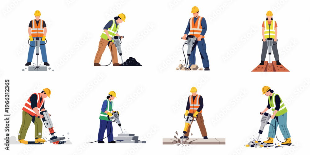 Fototapeta premium Collection of male and female construction workers in safety gear using jackhammers to break concrete and asphalt, isolated flat vector illustration set.