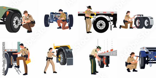 Flat vector set of law enforcement officers performing safety inspections on commercial trucks, trailers, tires, and mechanical components.