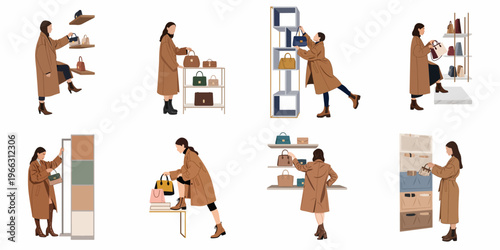 Collection of flat vector illustrations depicting a woman in a trench coat browsing through luxury handbags and accessories in a boutique store.