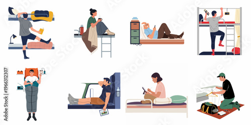 Collection of diverse people resting, sleeping, and traveling in various settings like bunk beds, hostels, and train compartments, vector illustration.