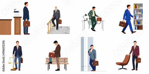 Set of flat vector illustrations depicting professional businessmen and lawyers in various work-related scenarios, including office and legal settings.