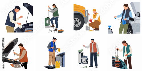 Vector illustration set showing diverse men and women checking vehicle oil levels using dipsticks for car maintenance and engine care.