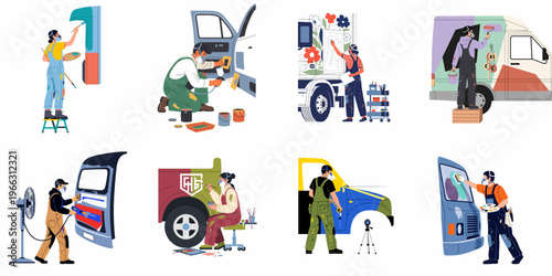 Professional workers and artists customizing and painting various vehicles, cars, and trucks in an auto body shop, using specialized tools and protective gear.