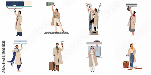 Set of minimalist illustrations featuring a stylish woman in a trench coat commuting and traveling via public transport with various luggage items.
