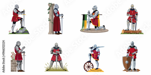 Set of eight medieval knight characters in full plate armor with swords and shields in various poses, isolated on white background.