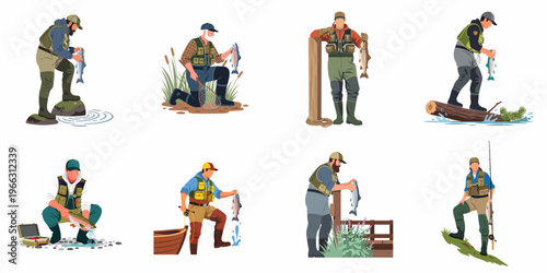 Collection of flat vector illustrations depicting various fishers in gear, successfully catching trout and salmon in different outdoor environments.