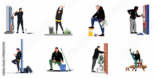 Set of flat vector characters engaged in diverse daily activities including traveling, exercising, cleaning, and taking a break at a roadside stop.