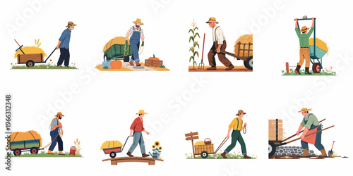Flat vector illustrations of male farmers pulling carts with hay, pumpkins, and crops, depicting various harvest and agricultural work activities.