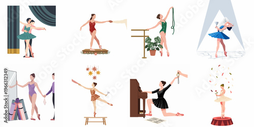 Collection of diverse ballet scenes featuring ballerinas practicing, performing on stage, and celebrating success in various costumes and settings.