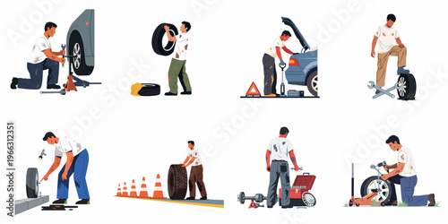 Flat Vector Illustration Set of a Mechanic Changing Car Tires, Repairing Vehicles, and Providing Roadside Assistance in Various Scenarios