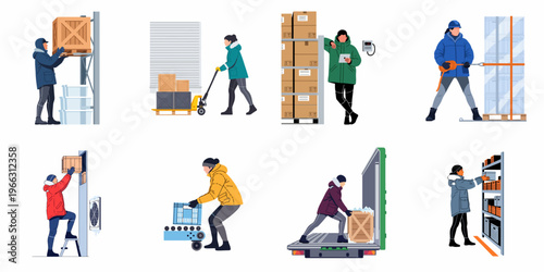 Cold storage warehouse workers performing logistics tasks including moving boxes, managing inventory, and loading refrigerated trucks in winter clothing.