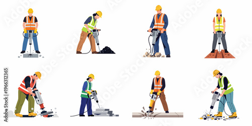Collection of male and female construction workers in safety gear using jackhammers to break concrete and asphalt, isolated flat vector illustration set.