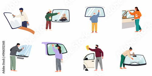 Collection of Diverse People in Pajamas Cleaning and Wiping Car Windows and Mirrors, Flat Vector Illustration Set on White Background