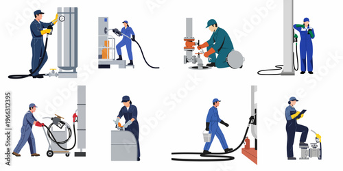 A collection of flat illustrations showing industrial workers in blue uniforms performing various fuel, gas refueling, and maintenance tasks.