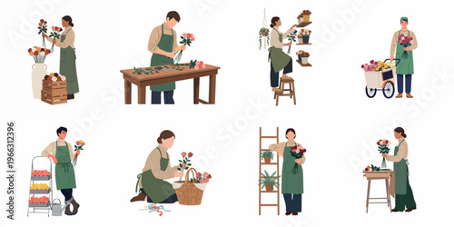 Set of Professional Florists Arranging Beautiful Flower Bouquets and Working in a Flower Shop, Flat Vector Illustration