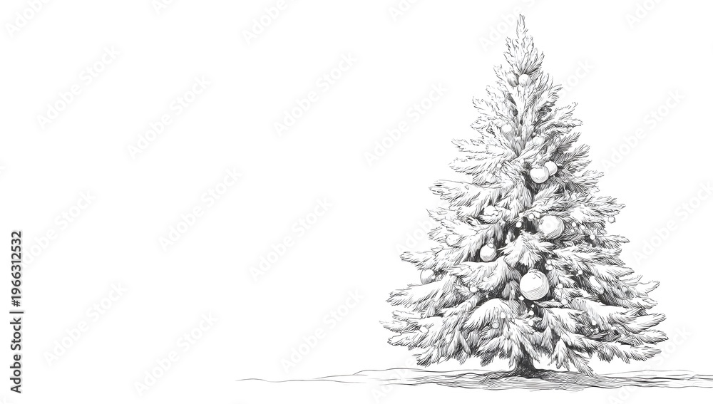 Fototapeta premium Snowy Christmas tree with ornaments isolated.