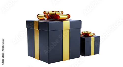 Two Black Gift Boxes with Gold Ribbons and Bows