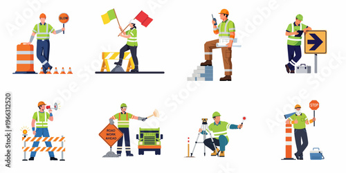 Collection of road construction workers and traffic control flaggers in high-visibility safety gear performing various on-site duties, isolated on white background.
